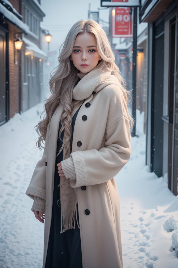 professional photograph of a beautiful norwegian girl in long wavy clothes, sensual and seductive look, beautiful symmetrical face, beautiful natural makeup, wearing chic warm winter fashion clothing, ((standing outside on the snowy city street)), impressive modern urban environment, ultra realistic, conceptual artwork, chic, highy detailed, intricate, sharp focus, Depth of field, f/1. 8, 85 mm, medium shot, mid shot, (((professional color grading))), soft and bright diffused light, (Volumetric fog), Trends on Instagram, HD 4k, 8K