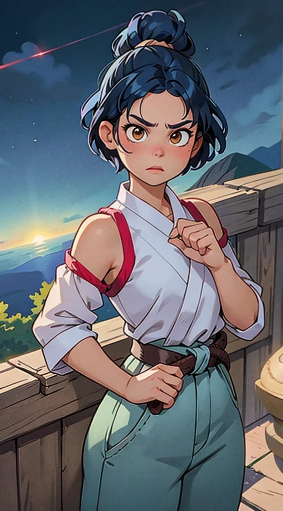 A girl, - Indigo blue hair, short uplifted and fluffy hairstyle, sharp look, a serious expression, a fantasy martial arts style sky blue fabric kung fu outfit, tattered sleeves, hands wrapped in ropes, a linen belt tied around the waist, thick fabric pants, on the cliff in the dark of night, This character embodies a finely crafted fantasy martial arts fighter in the anime style, exquisite and mature manga art style, High definition, best qualityer, high resolution, ultra detali, ultra-fine painting, extremely delicate, proffesional, anatomically correcte, symmetrical face, extremely detailed eye and face, high quality eyes, creativity, CRU photo, ultra HD, 8K, naturallight, cinematic lighting, work of art-anatomy-perfect, work of art:1.5