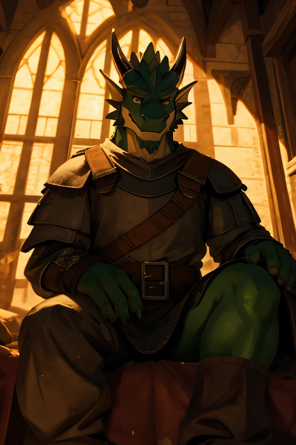 (masterpiece, 4K, ultra detailed) macro green dragon, tight medieval clothing,welcoming smile, Sitting on the bed, legs spread, cinematic lighting, low angle