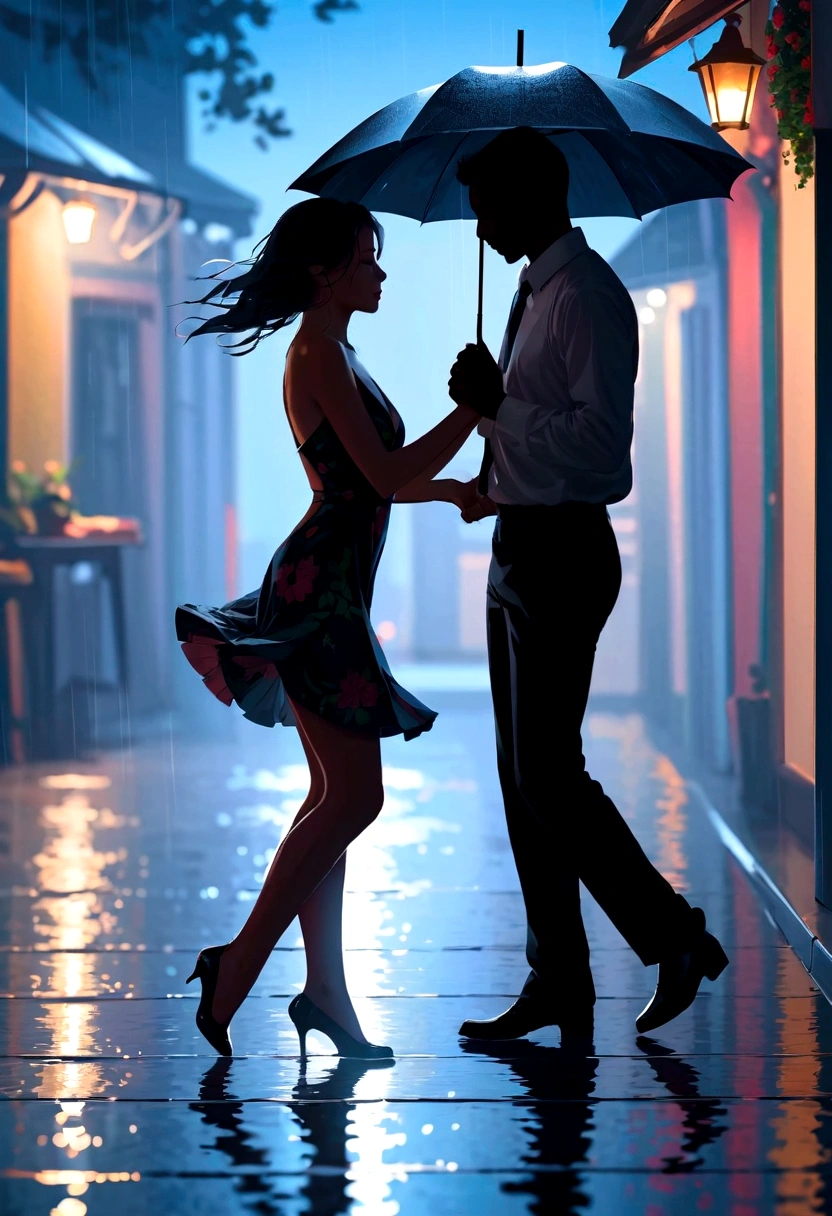 Dancing in the Rain, A blurry silhouette under the moonlight, knees together feet apart