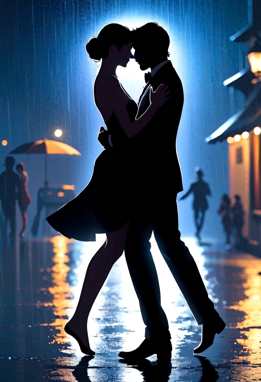 Dancing in the Rain, A blurry silhouette under the moonlight, knees together feet apart