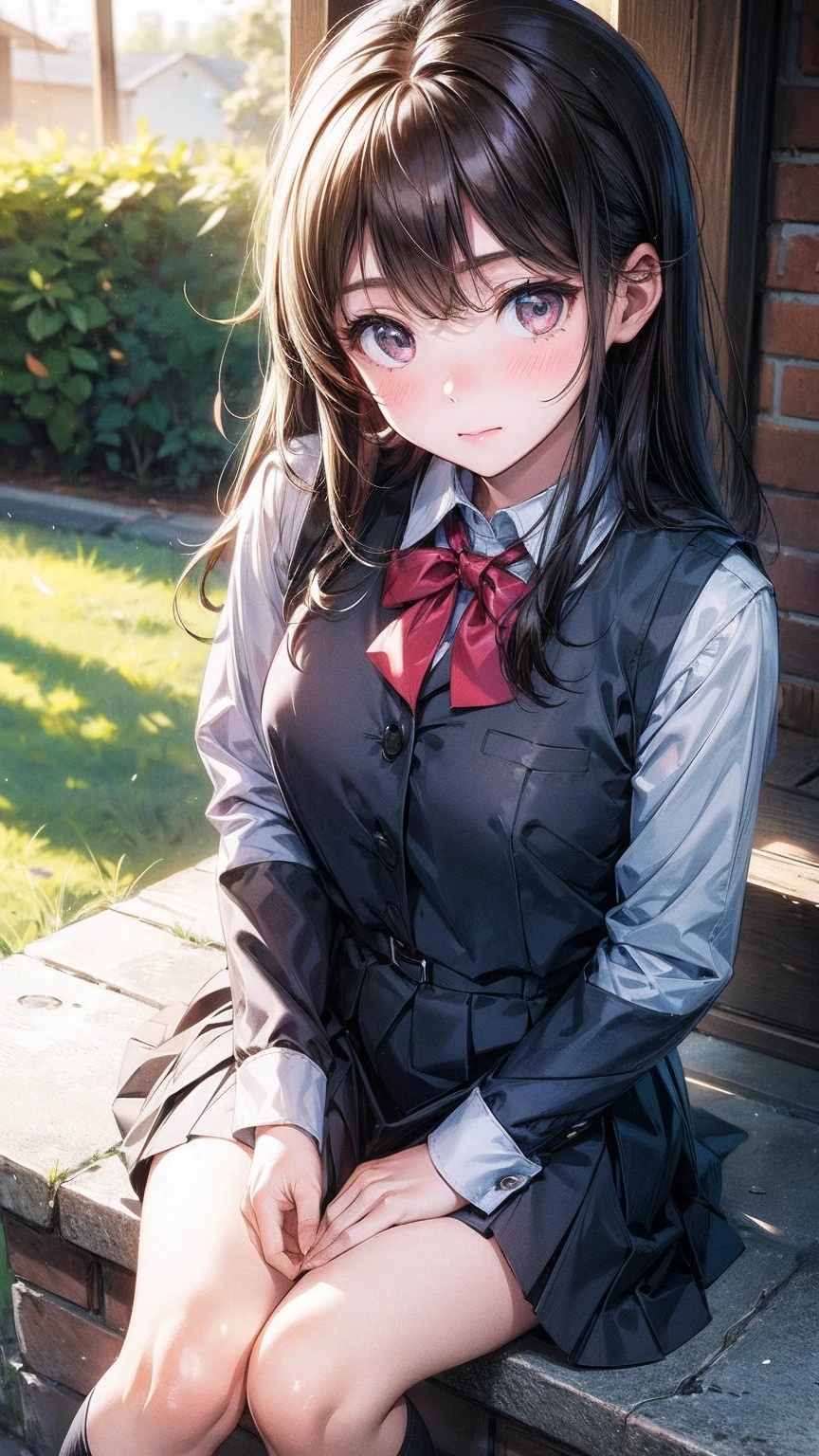 1 Girl,((Uniforms)), blush,A faint smile, sit,outdoor,