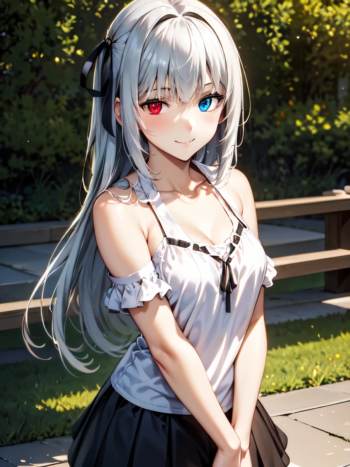 (Highest quality, masterpiece:1.2),smile、(Anime illustration style:1.10),luminous valentine,garden、Standing,Black hair ribbon、Silvery white hair、Long Hair、Closed Mouth、(Heterochromia iridis、Red Eye:1.4、Blue Eyes:1.3)、Cute camisole、Fluttering skirt、Cowboy Shot、(Genuine、Realistic、Realistic)、High resolution、超High resolution、Ultra-fine painting、Sharp focus、Physically Based Rendering、Cowboy Shot,(Moe:1.10)