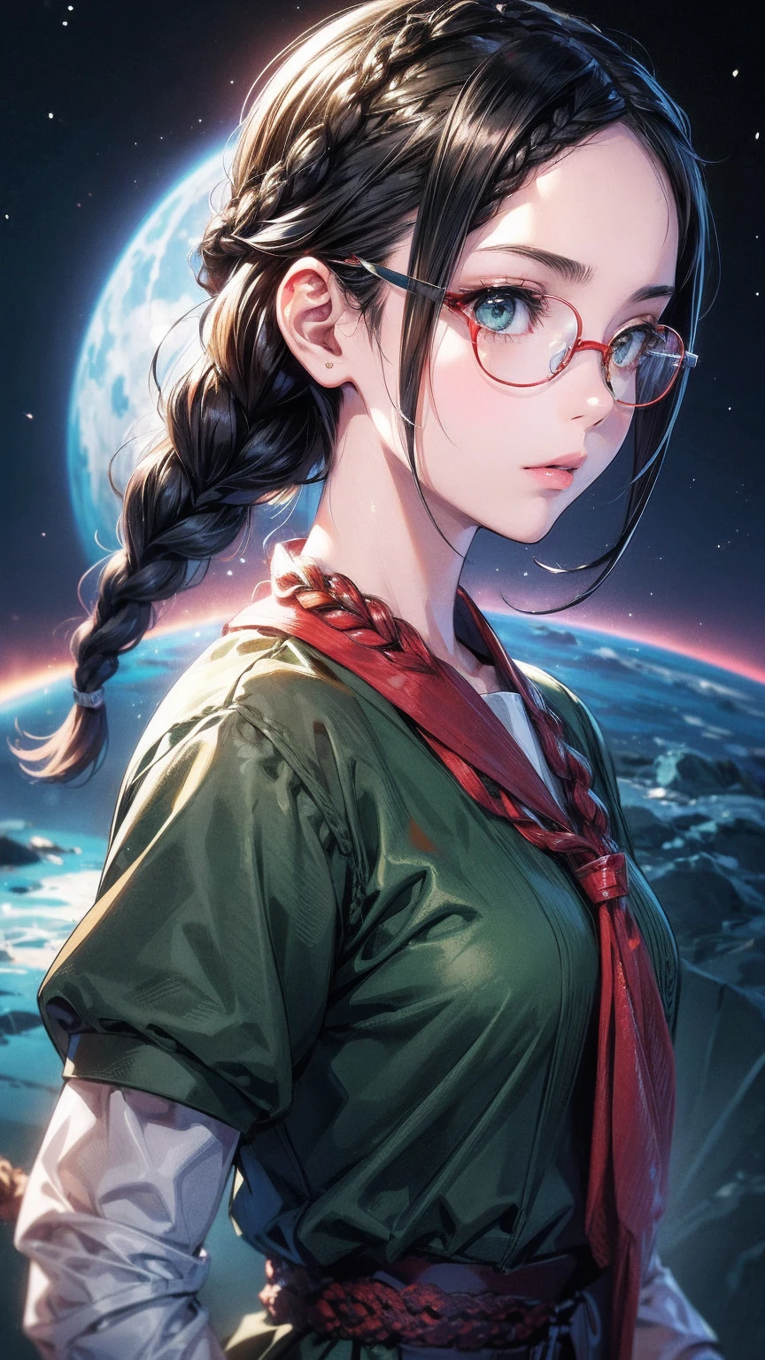 Movie海报,((Braided hairstyle : 1.5)),Anime Reference 86 ,Science Fiction小说,Science Fiction,Movie,War Action ,space,atmosphere,Sky,Battleship,Multiple characters,woman,Adults,Green Eyes,Black Hair,(Pia bangs hairstyle) : 1.8 ),(Red glasses),universal uniform,White Commander,Realistic facial details,realism,3d face,