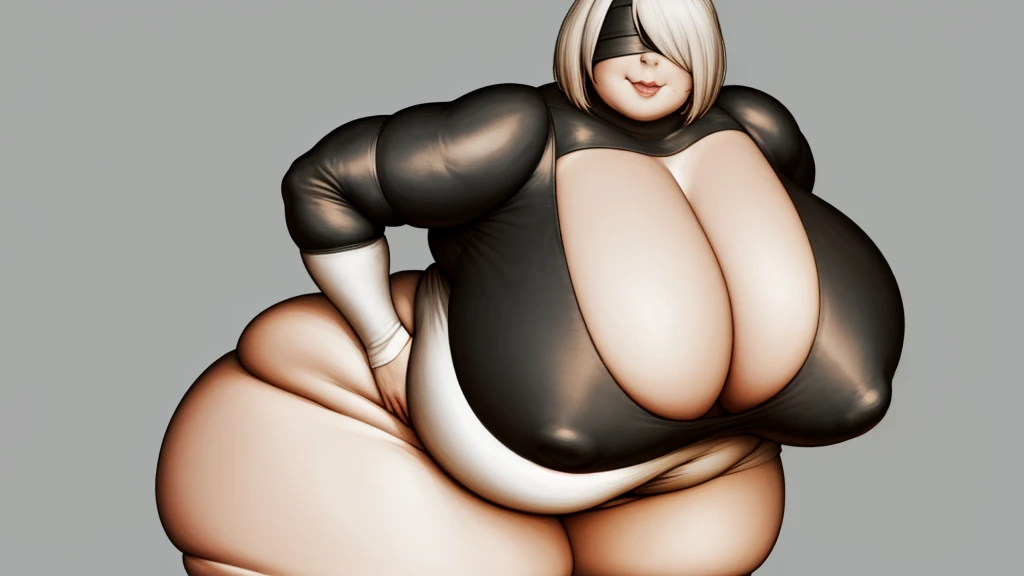 work of art, better_quality, 1 girl, standing alone, yorha no. 2 Tipo B, black blindfolded, blindfolded, ((leaning forward)), Broad Hips, thick-thighs, huge ass, Huge huge natural breasts, mature mother, hand on hip, smiling, ssbbw, obese mom