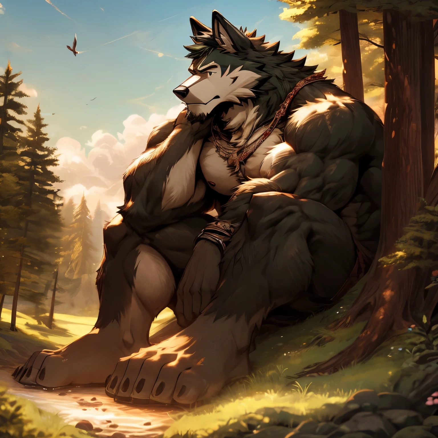 Tall and mighty male black wolf，Leaning next to a big tree，Dark green hair all over body，Sitting on the ground and looking into the distance，Beautiful views around，Youth-oriented，hairy body, macro