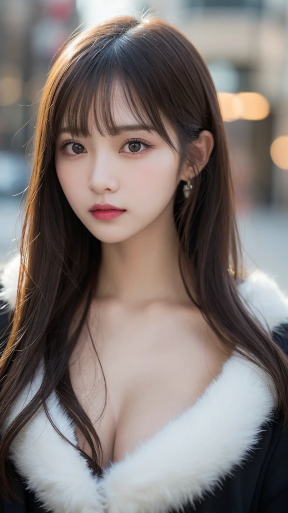 Tabletop, Highest quality, shape, Very detailed, finely, High resolution, 8k wallpaper, 完璧なダイナミックな構shape, Beautiful and detailed, Gorgeous winter fashion using fur,Straight hair,Small breasts、Natural color lip,20-year-old girl、cute、Looking at the camera is sexy,Beautiful and dense face,Perfect and beautiful face,KPOP idol faces,Japanese idol faces,Elegant face,RAW Photos,Big eyes,Gal Makeup,Blur the background