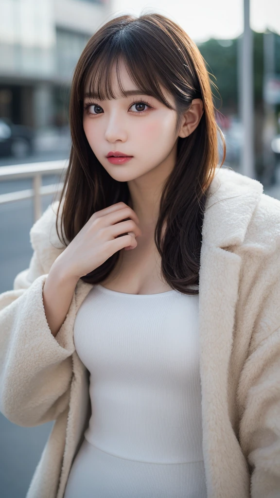 Tabletop, Highest quality, shape, Very detailed, finely, High resolution, 8k wallpaper, 完璧なダイナミックな構shape, Beautiful and detailed, Gorgeous winter fashion using fur,Straight hair,Small breasts、Natural color lip,20-year-old girl、cute、Looking at the camera is sexy,Beautiful and dense face,Perfect and beautiful face,KPOP idol faces,Japanese idol faces,Elegant face,RAW Photos,Big eyes,Gal Makeup,Blur the background