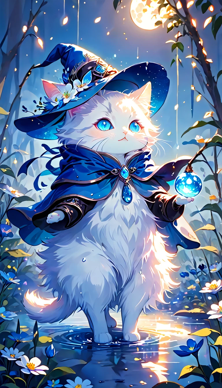 Absurd, High resolution, Super detailed, High resolution, masterpiece, Small dogs, White cat、Expressive blue eyes, Magic hat, cute, Highest quality, blue Moon, Flowers, Fantasy, Magic, alone, water, Blue glowing fireflies, Blue petals, Cape,