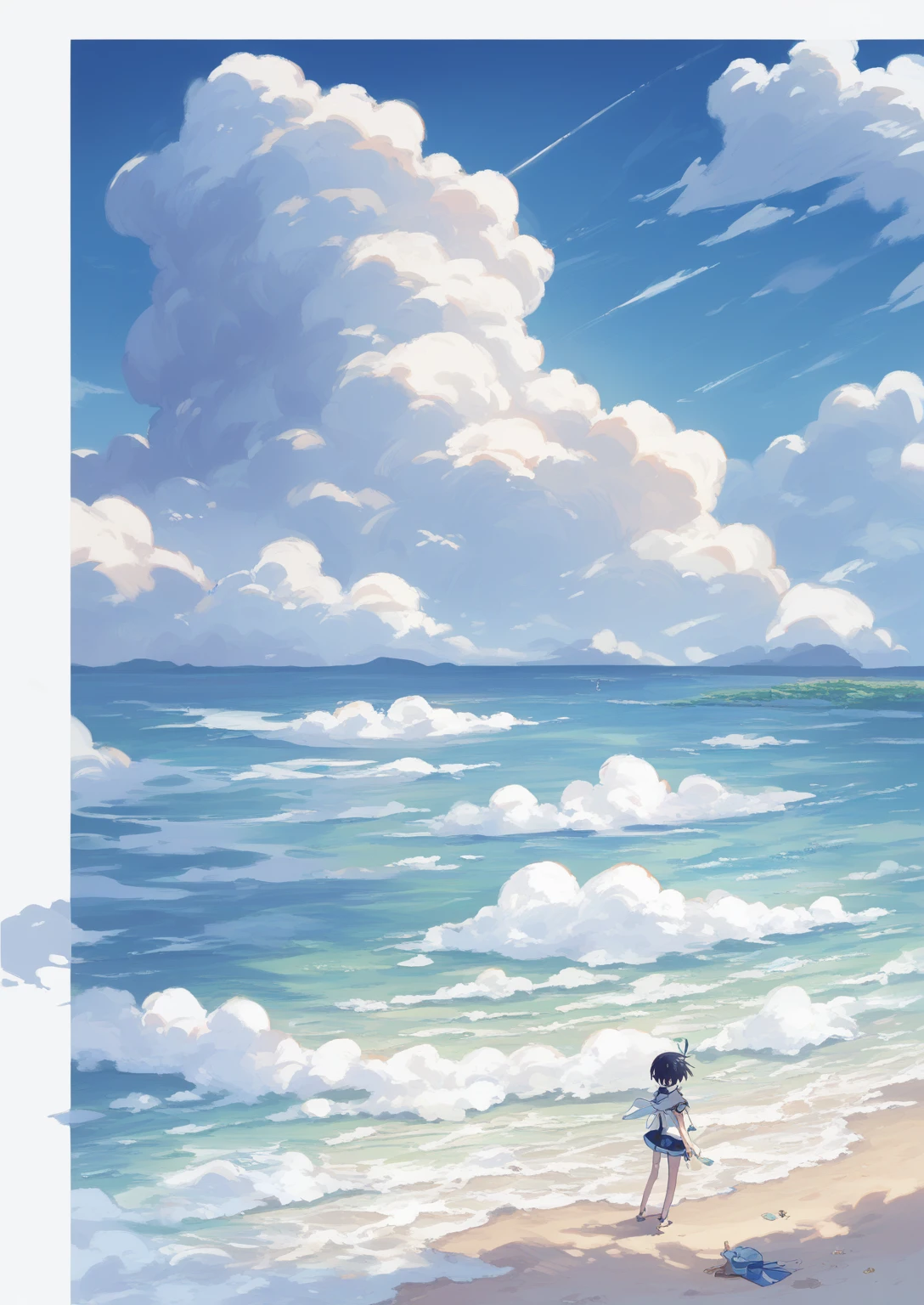 An anime-style beach painting,Cloudy sky,Rough seas, Blue Sea. by Shinkai Makoto, style of Shinkai Makoto, Detailed scenery —width 672, studio glibly Shinkai Makoto, Shinkai Makoto. High Detail, Shinkai Makoto. — 2160 hours, in style of Shinkai Makoto
