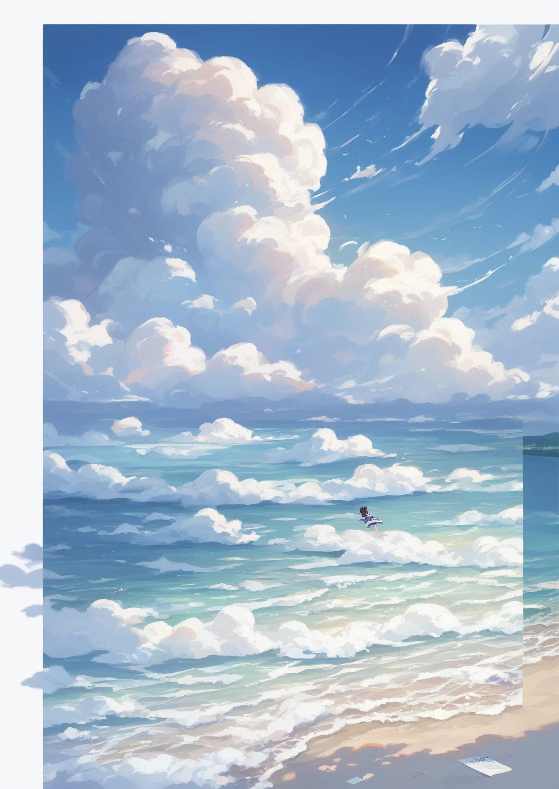 An anime-style beach painting,Cloudy sky,Rough seas, Blue Sea. by Shinkai Makoto, style of Shinkai Makoto, Detailed scenery —width 672, studio glibly Shinkai Makoto, Shinkai Makoto. High Detail, Shinkai Makoto. — 2160 hours, in style of Shinkai Makoto