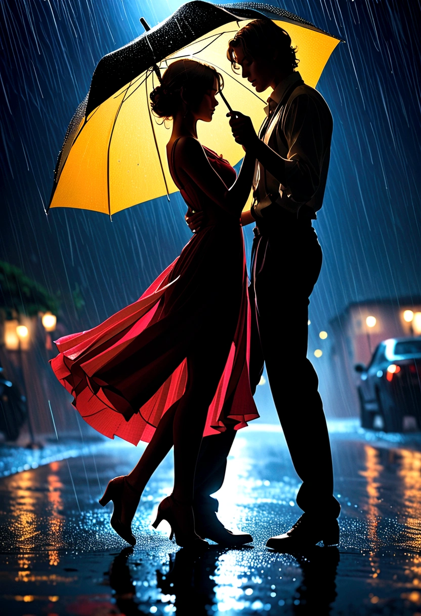 Dancing in the Rain, A blurry silhouette under the moonlight, knees together feet apart