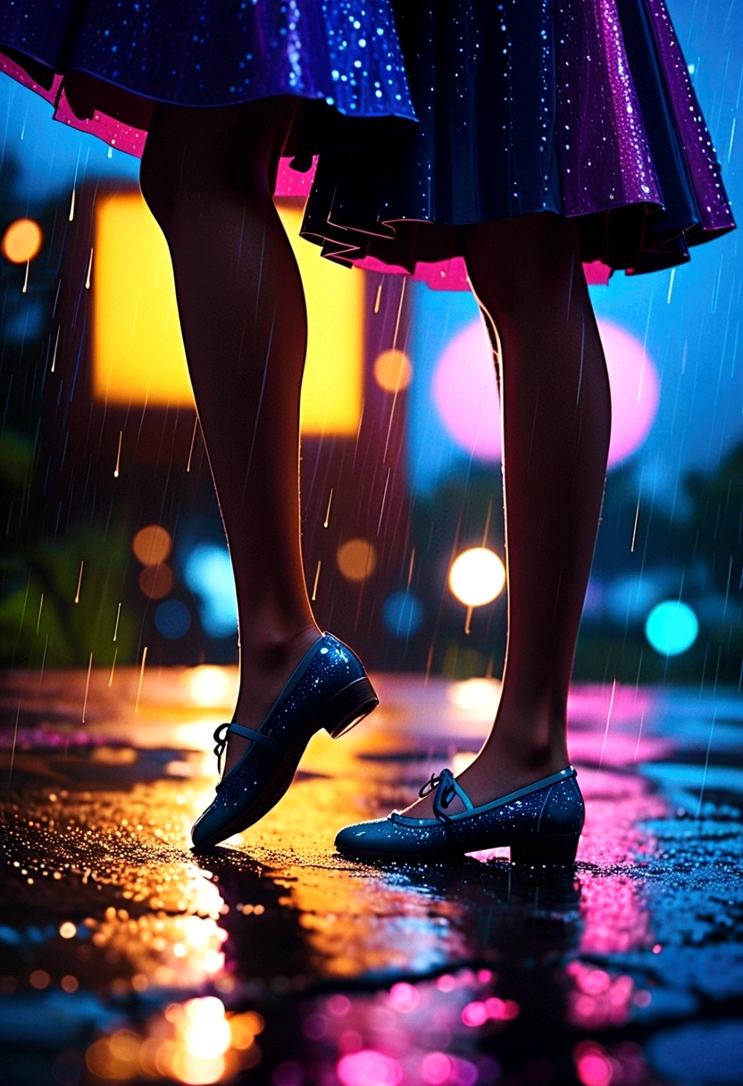 Dancing in the Rain, A blurry silhouette under the moonlight, knees together feet apart