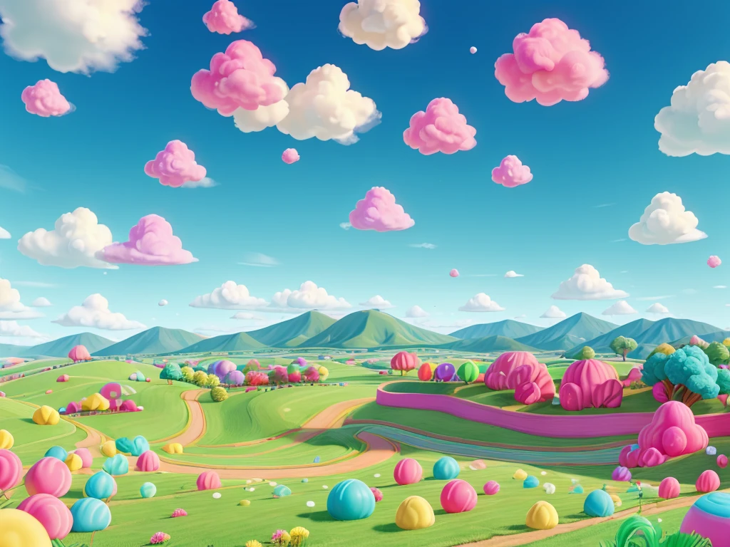 Candy themed go karts
* Background: Pastel cotton candy clouds form rolling hills. In the distance, a Mento candy mountain or giant gumdrop mountains. Peppermint grass blades in the foreground.
* Dynamic Elements: Bright candy go-karts race looping back right to front left. Cotton candy clouds have a subtle upward drift animation.