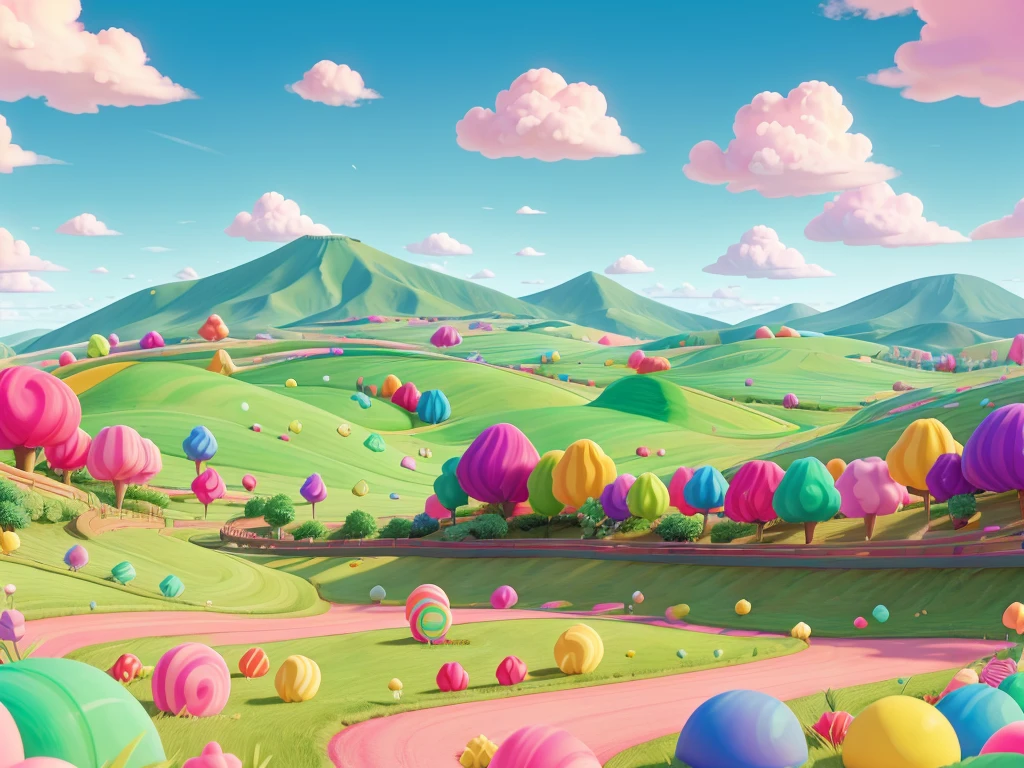 Candy themed go karts
* Background: Pastel cotton candy clouds form rolling hills. In the distance, a Mento candy mountain or giant gumdrop mountains. Peppermint grass blades in the foreground.
* Dynamic Elements: Bright candy go-karts race looping back right to front left. Cotton candy clouds have a subtle upward drift animation.