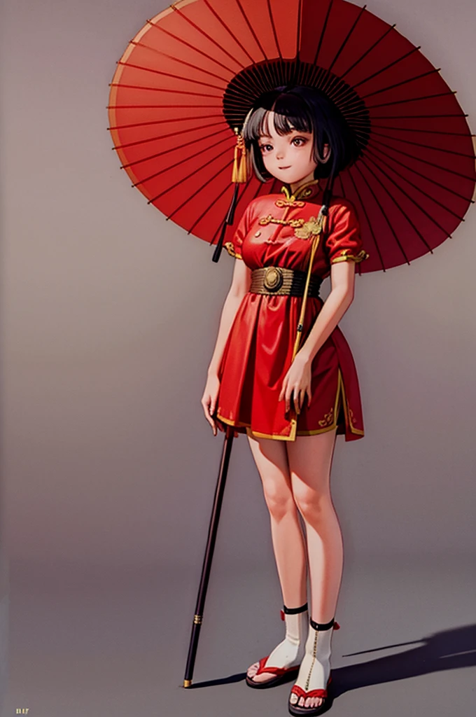 red chinese dress, 1 girl, standing alone, Bblack hair, shorth hair, trunk, ssmile, parasol, mature woman,