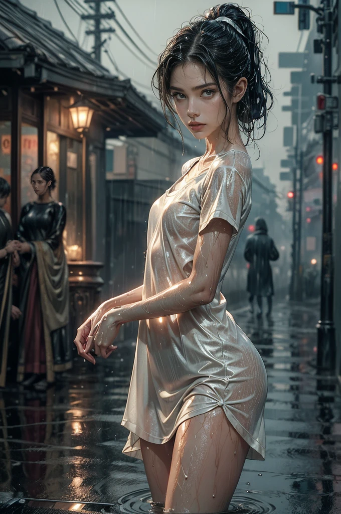 (((best quality))),(((ultra detailed))),(((masterpiece))),illustration,((1 beautiful girl,solo)),(dancing:1.3),((slim,thin)),short ponytail,((small breasts,flat chest)),floral short-sleeved shirt-dress,slender legs,rainy night, heavy rain, drenched clothes, melancholy expression, solitude, tear rolling down cheek, wet hair, empty streets, dimly lit, deserted environment, sound of rain, footsteps, symbol of hope, abandoned, resilience, determination, walking in rain, heartbreak, loss, love fading, loneliness, body language, facial expression, dreary atmosphere, rain-soaked streets, somber mood, viewer engagement,from front,urban scape,night scene,(((wet,sweat,shiny skin))),