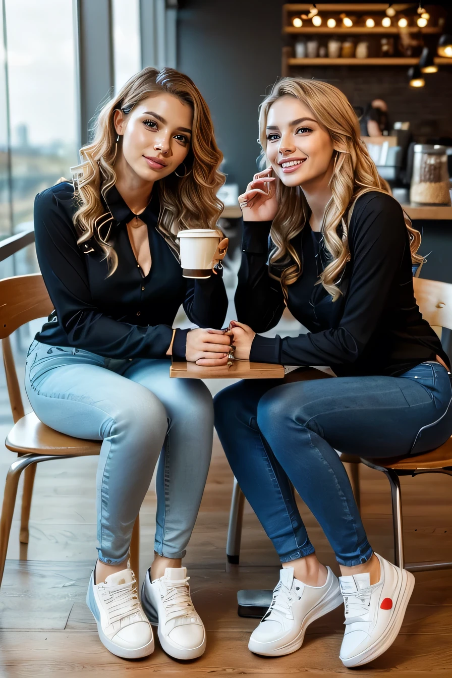 high quality,16K:1.1),((, Two German women sitting on chairs in a coffee shop）Facing each other across the desk,Chatting 、(Full Body Shot:1.2),(),Blonde wavy hair、、ear piercing、smile、Beautiful teeth alignment、((Long sleeve blouse、Skinny jeans、sneakers)), ,(View your audience:1.3),The background is a coffee shop
