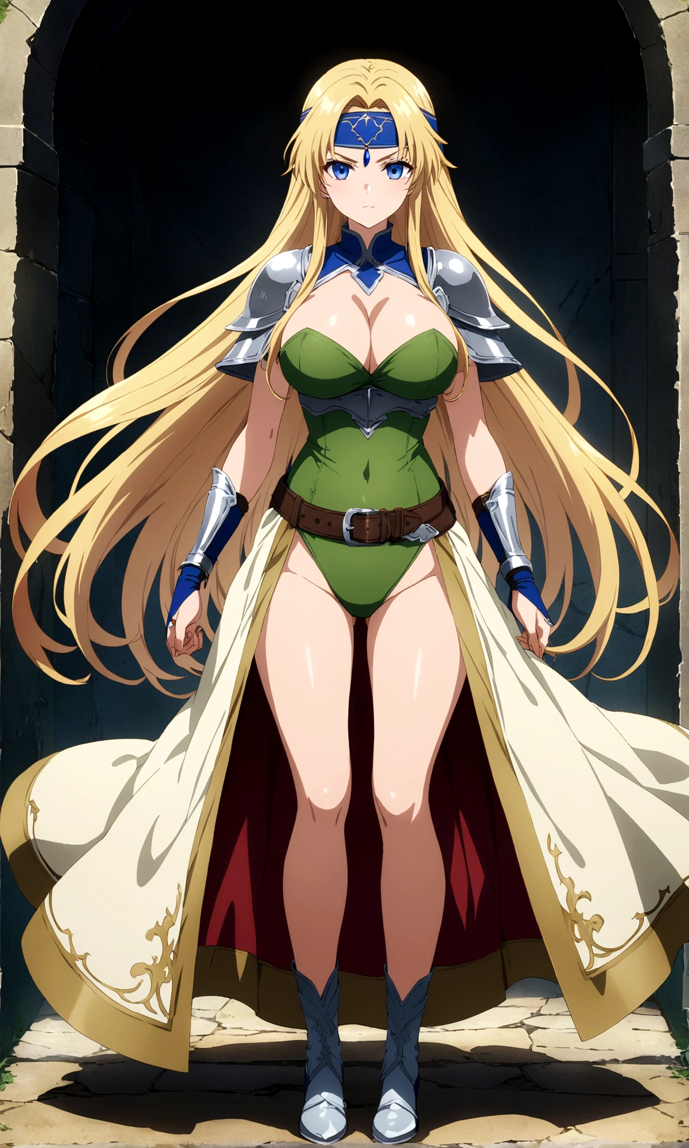 score_9, score_8_up, score_7_up,,BREAK source_anime, from side,front view,standing,straight-on,fullbody,looking_at_viewer,1girl, celes chere, final fantasy.blonde hair, blue eyes, green leotard, headband, large breasts,cleavage, pauldrons, circlet, bridal gauntlets, belt, white cape, vambraces,bracer, very long hair, bangs, closed mouth,.tundere,, (best quality),(aesthetic,very aesthetic),masterpiece, highres, (anime screenshot:0.5),(holding sword),