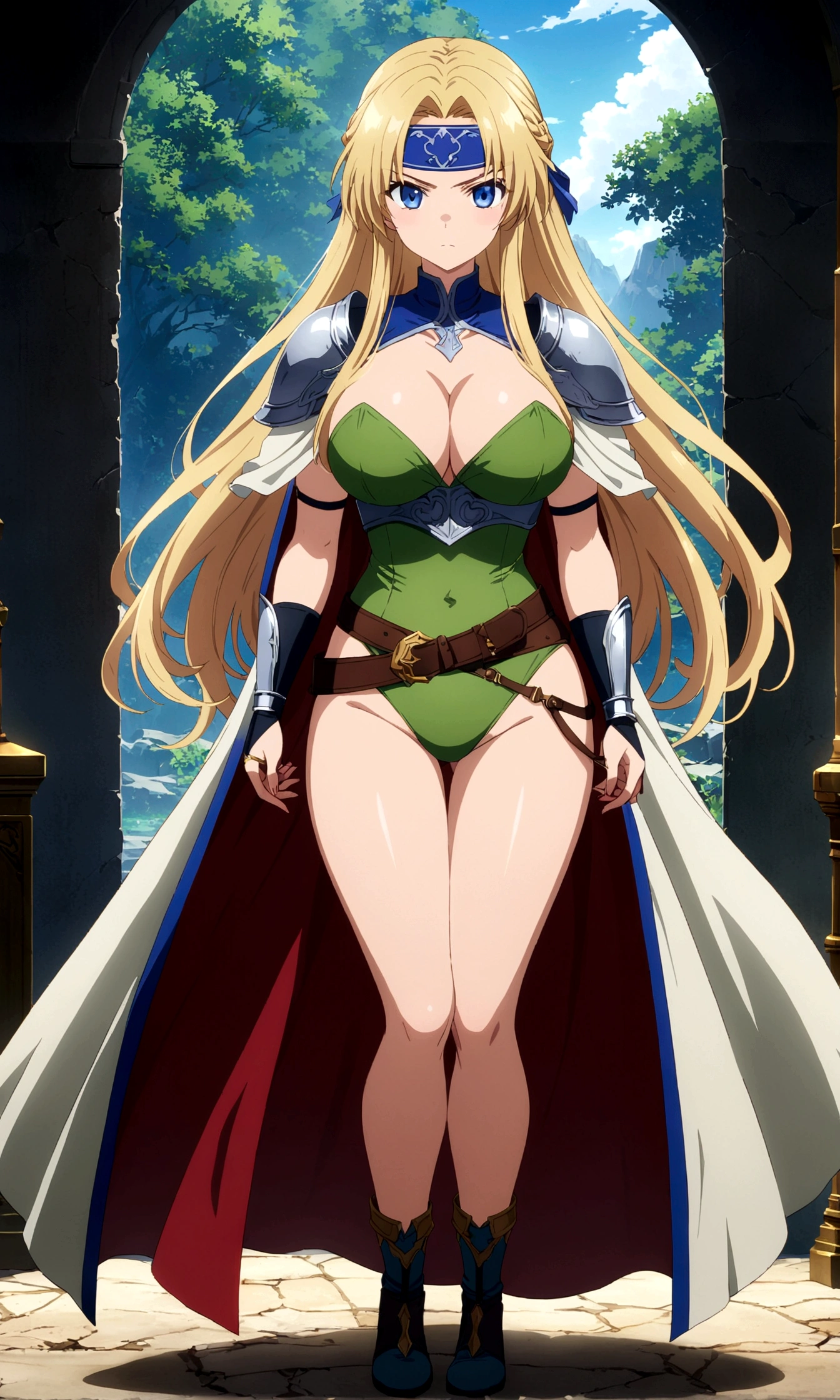 score_9, score_8_up, score_7_up,,BREAK source_anime, from side,front view,standing,straight-on,fullbody,looking_at_viewer,1girl, celes chere, final fantasy.blonde hair, blue eyes, green leotard, headband, large breasts,cleavage, pauldrons, circlet, bridal gauntlets, belt, white cape, vambraces,bracer, very long hair, bangs, closed mouth,.tundere,, (best quality),(aesthetic,very aesthetic),masterpiece, highres, (anime screenshot:0.5),(holding sword),