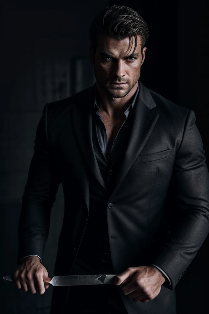 a handsome and realistic man, detailed face, striking eyes, sharp jawline, muscular build, wearing a dark suit, holding a knife, standing over a dead woman's body, murder scene, gritty, cinematic lighting, dramatic shadows, moody atmosphere, cold colors, photorealistic, 8k, intricate details, masterpiece