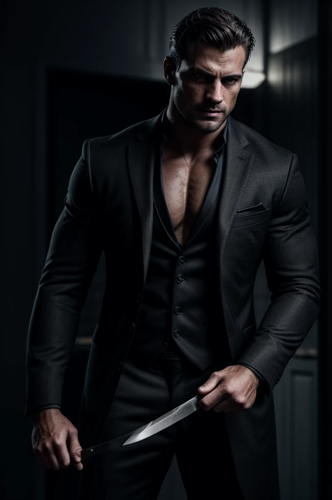 a handsome and realistic man, detailed face, striking eyes, sharp jawline, muscular build, wearing a dark suit, holding a knife, standing over a dead woman's body, murder scene, gritty, cinematic lighting, dramatic shadows, moody atmosphere, cold colors, photorealistic, 8k, intricate details, masterpiece