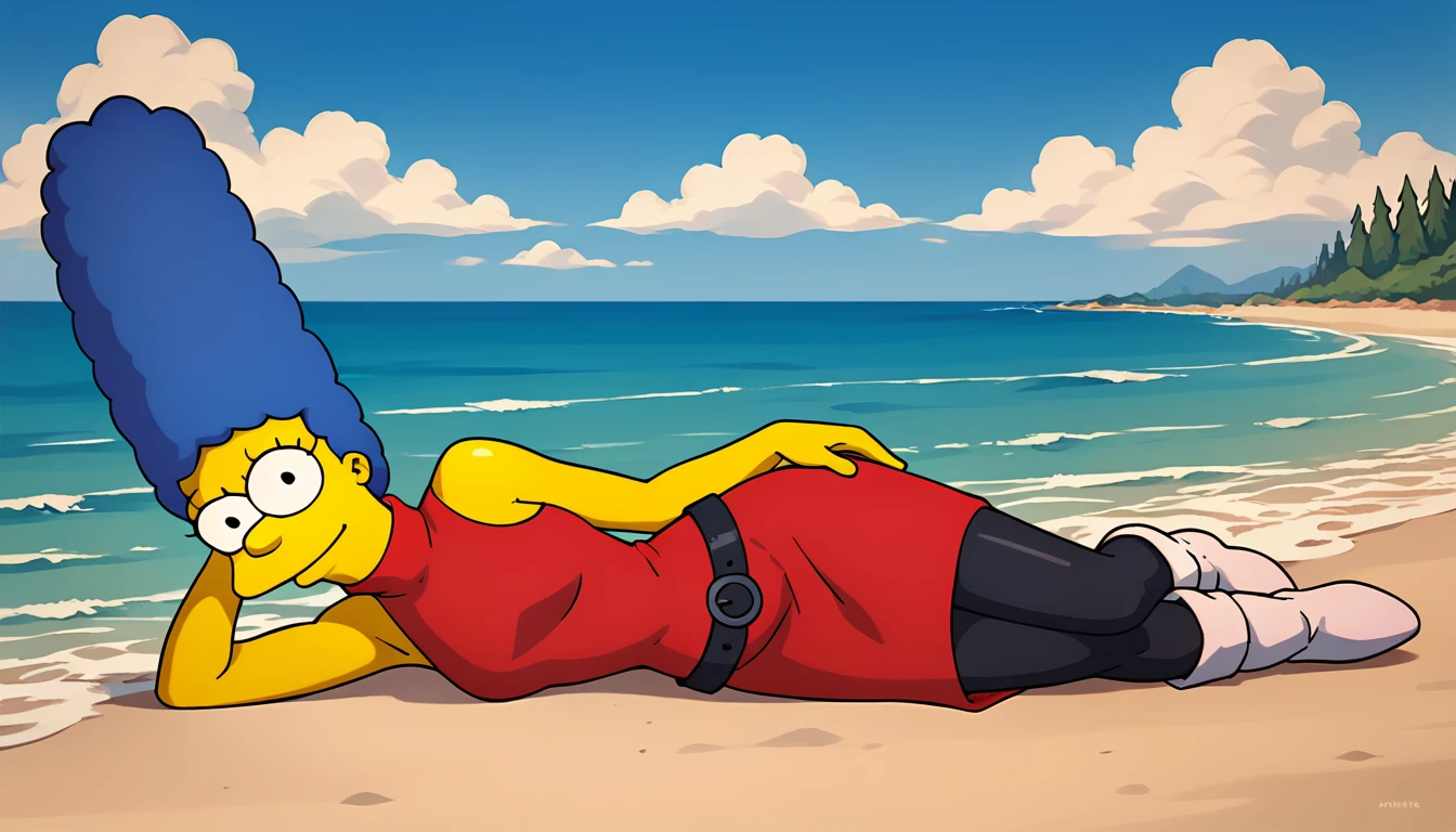 (((marges, blue hair, 1girl, solo, alone, colored skin, yellow skin))), zPDXL flat color, looking at viewer, smile,

    lying on side, sky, sleeveless, belt, cloud, water, ocean, beach, arms at sides, black pantyhose, black belt, white boots, from side, print dress, red dress, sleeveless dress, turtleneck, symbol            ,

 sexy pose, dynamic pose, dynamic angle, cowboy shot,

outdoor, day,