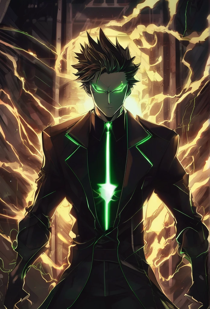 anime man with a dark and brooding demeanor, with glowing green eyes and a malicious grin, into a powerful computer with visible electric currents flowing through his body, while ominous shadows surround him, (sinister:1.2), (dark and moody lighting), (ominous atmosphere), (contrast between light and darkness)