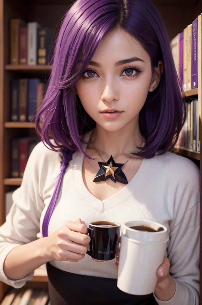 Woman,cabelo roxo,purple eyes,library background,face detailed,coffee cup object,star eye,anime engine
