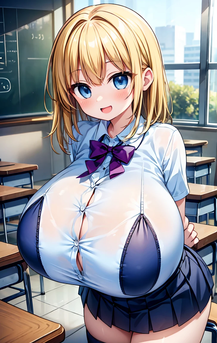 masterpiece,Highest quality,(Very detailedな),Perfect lighting, Very detailedなCG,Very detailed,(Very detailed目,Very cute face,Very detailed顔:1.3),Beautiful Anime Girls,(Solo Girl),(Super huge boobs:1.2),(Sensual,glamorous:1.4),(blonde,Medium Hair,Twin Blade,Let your hair hang forward:1.2),(Big bright blue eyes),(Very happy smile,Please open your mouth wide),break,(Realistic shirt、Pleated skirt:1.3),Collared shirt,White shirt,Pleated skirt,School classroom,Aligned desks,Curtains swaying in the wind,blackboard,(Proud breasts),(Patsy shirts)
