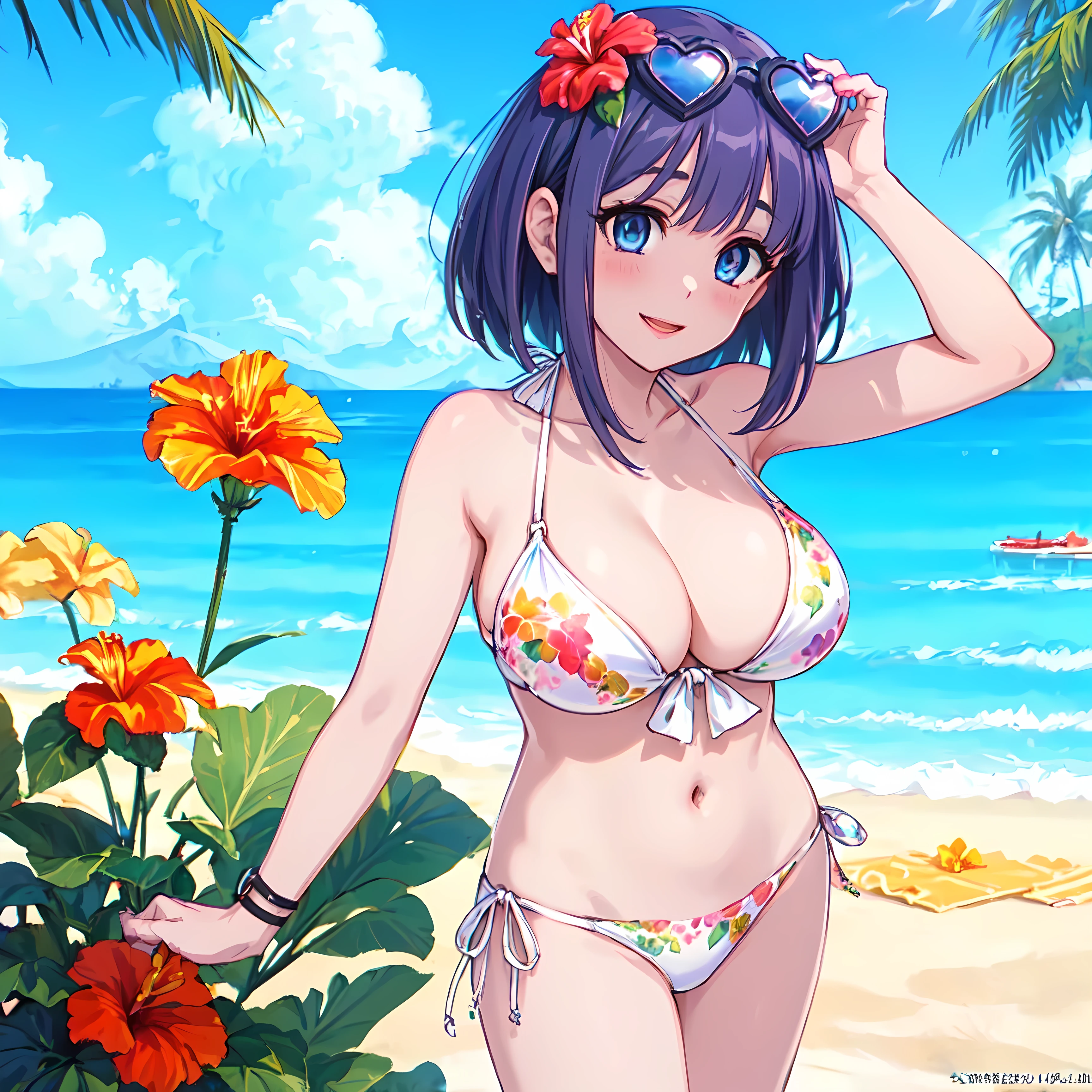 (((Highest quality)))、(((Perfect Anatomy)))、(((Beautiful posture)))、 (((A girl in a swimsuit with her arms behind her back and her hands hidden、Hibiscus on the left side of her hair for a voluptuous body、She is wearing heart-shaped sunglasses with rainbow-colored lenses on her forehead and is smiling provocatively.)))、(Light purple hair:1.8、Fluffy purple hair)))、(((Short Hair)))、 (((Big droopy eyes、 Light blue eyes with highlights)))、アニメ girl in bikini with fruit and sunglasses on her head, [ 4k yen digital art ]!!, アニメ moe artstyle, Official artwork, Realistic Bikini, アニメ style 4k yen, maAlso kitagawa fanart, Also, アニメ! 4K, アニメ! 4k yen, Naughty, seductive アニメ girl, (((A bikini with a white background and a floral motif, with few flowers))), clean detailed アニメ art, detailed digital アニメ art, 8K!!、Baby Face、Big Breasts、(((Tropical Beach、Blue sky)))、Black and white ribbon on wrist、solo