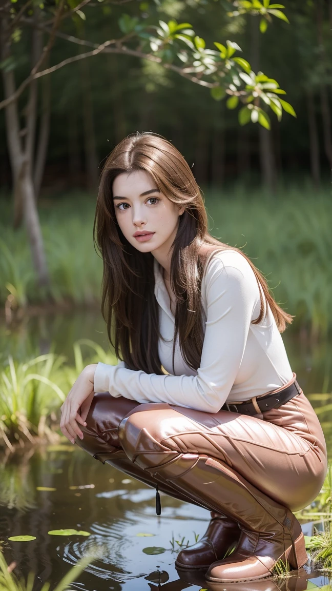 Young Anne Hathaway has long brown hair,Wearing a pink shiny full body suit,Full breasts,Long legs,Over the knee boots,Wear a belt,Squatting in the swamp,Stuck in the Swamp,The body was covered in mud stains,Full body picture,Realistic