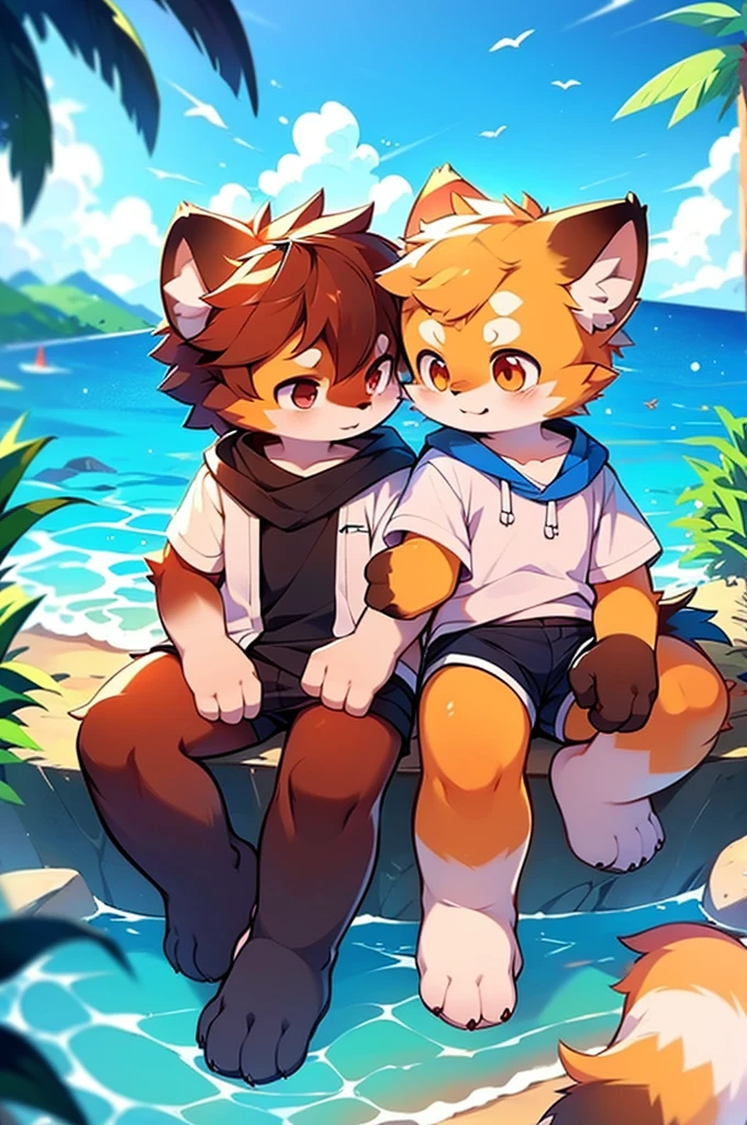 Red panda boy and girl，Couple，Ocean，Just the two of them