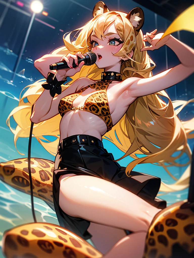 Leopard print long hair, seashell bikini, microphone