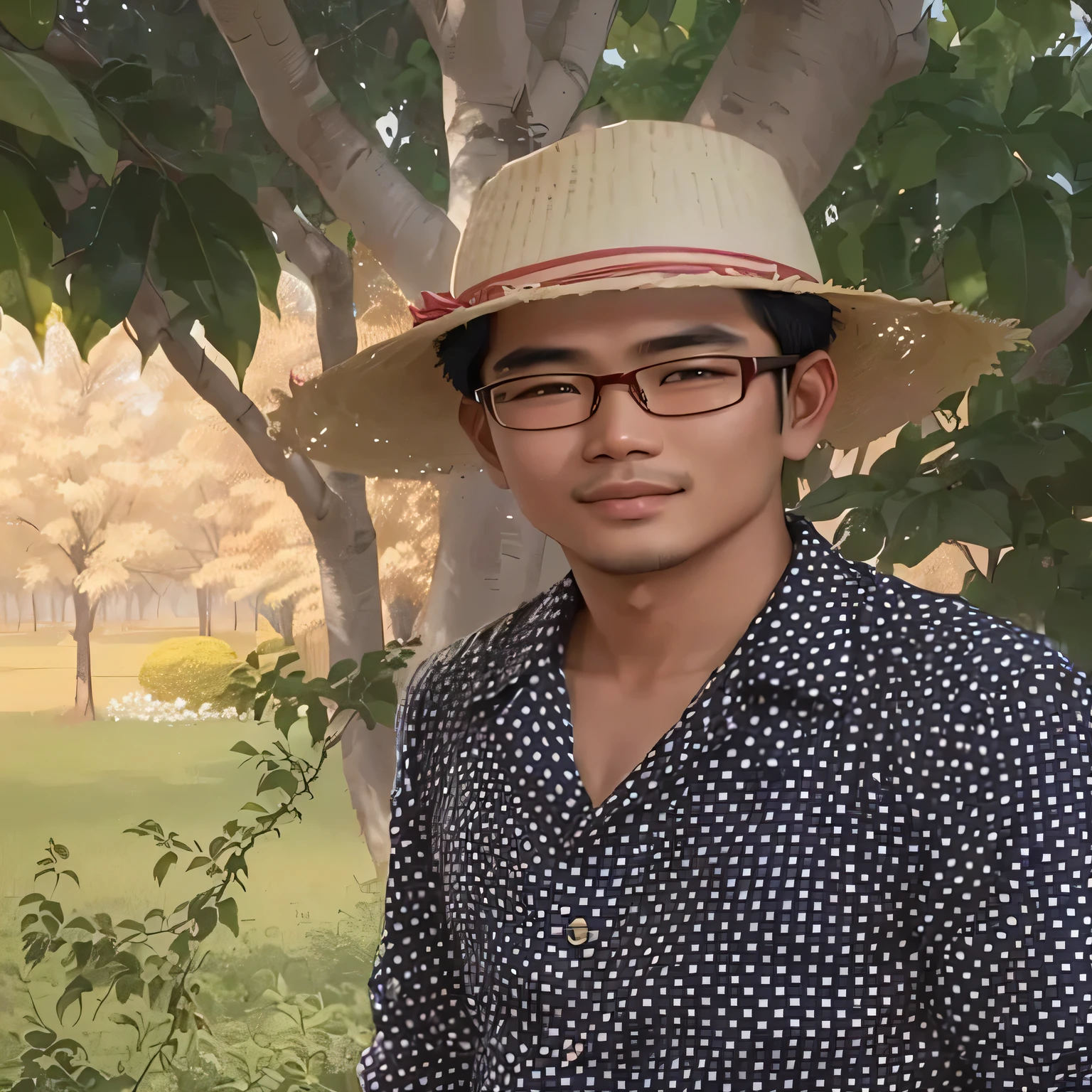 arafed man wearing a hat and glasses standing in front of a tree, nivanh chanthara, thawan duchanee, around 1 9 years old, in style of lam manh, hoang long ly, a picture, nuttavut baiphowongse, about 3 5 years old, bao pham, 2 7 years old