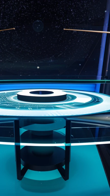 8 Generals Are On A Glass Table , In the center of the table there is a device that uses a wide-angle screen showing the universe, The space general wears doesn't have clothes, just white shiny leather swim trunks, he is fat bearded, long sleeve uniform , he has his arms crossed seriously, speaking to the viewer, He wears a white general's hat on his head. Complete view of all meeting participants.