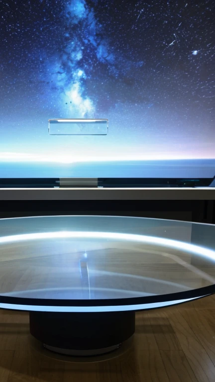 8 Generals Are On A Glass Table , In the center of the table there is a device that uses a wide-angle screen showing the universe, The space general wears doesn't have clothes, just white shiny leather swim trunks, he is fat bearded, long sleeve uniform , he has his arms crossed seriously, speaking to the viewer, He wears a white general's hat on his head. Complete view of all meeting participants.