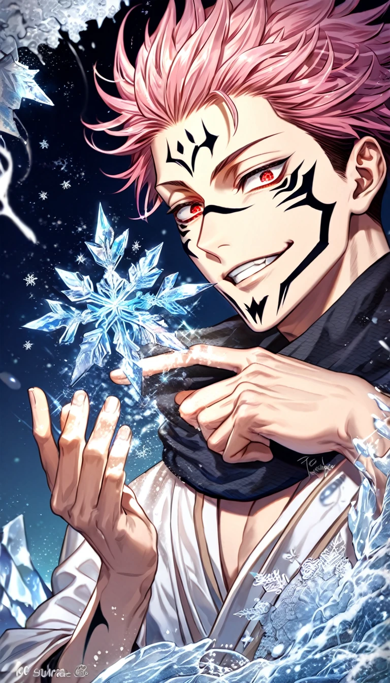 absurdres, highres, ultra detailed, HDR, master piece, best quality, extremely detailed face, delicated features, Ryoumen Sukuna, pink hair, expressive red eyes, Jujutsu Kaisen, sexy man, solo, handsome, smirk, white kimono, black scarf, fantasy, magical, ice, ice butterflies, snowflakes, starry night, ice style