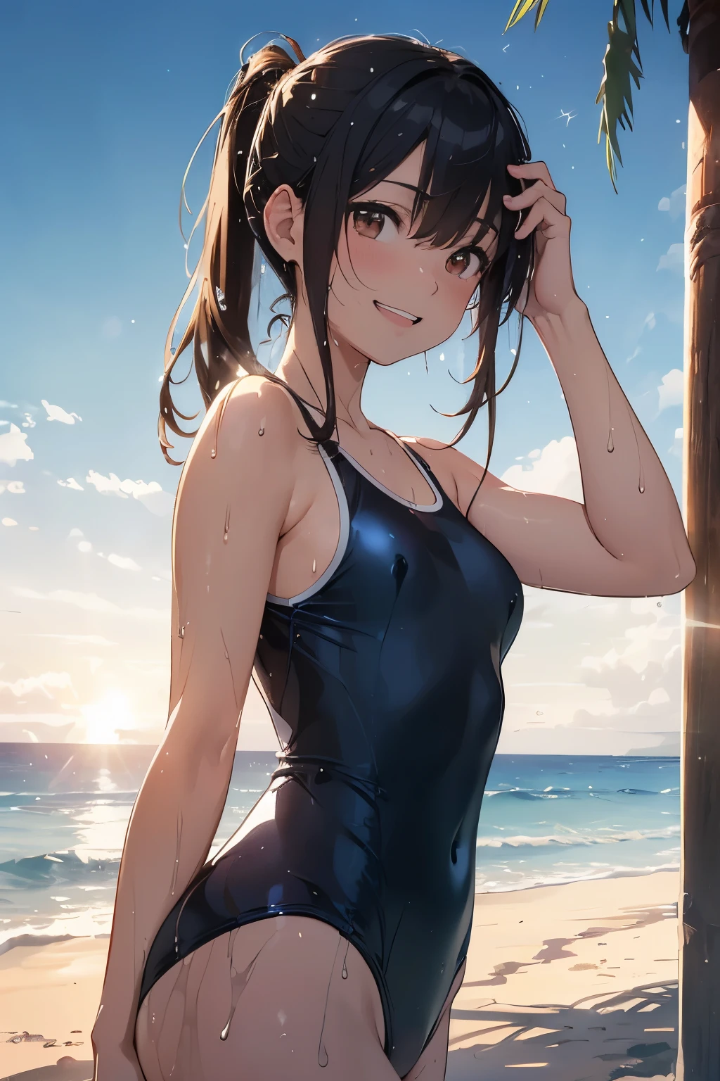 (masutepiece), (Best Quality), hyper detailed illustration,beautiful artwork,(Extreme Detail CG Unity 8K wallpaper、masterpiece、top-quality)、(exquisite lighting and shadow、highly dramatic picture、cinematic lens effects)、Young ager girl on the beach,1girl in, ( school-swimsuit:1.2), Solo, Outdoors, Long hair, Wet, breasts, (school-swim wear),Covered navel, Water, Black hair, Big smile, Brown eyes, day, Small breasts, Bangs, Sunlight, (Wet:1.3),(Water splash:1.1),Open mouth,(straggling hair:1.3),(pony tail:1.2),Dramatic Horizon,(The swimsuit is wet),(Strong sunshine:1.1),(Lens Flare:1.2),(Tsurime:1.2),Head tilt, (Sweat:1.2),(light Particle:1.2),(On the beach),(Evil smile:1.2),(twist waist:1.1) ,(twisted waist:1.1),look back,