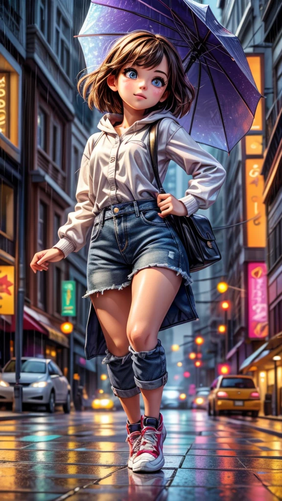 (beautiful detailed eyes, beautiful detailed lips, extremely detailed eyes and face, long eyelashes), 1girl, dynamic dancing pose, dancing in the rain, rainy day, asphalt street, neon lights, urban background, hip hop style, street style, colorful umbrella, vivid colors, (best quality, 4k, 8k, highres, masterpiece:1.2), ultra-detailed, (realistic, photorealistic, photo-realistic:1.37), digital art, cinematic lighting, dramatic atmosphere