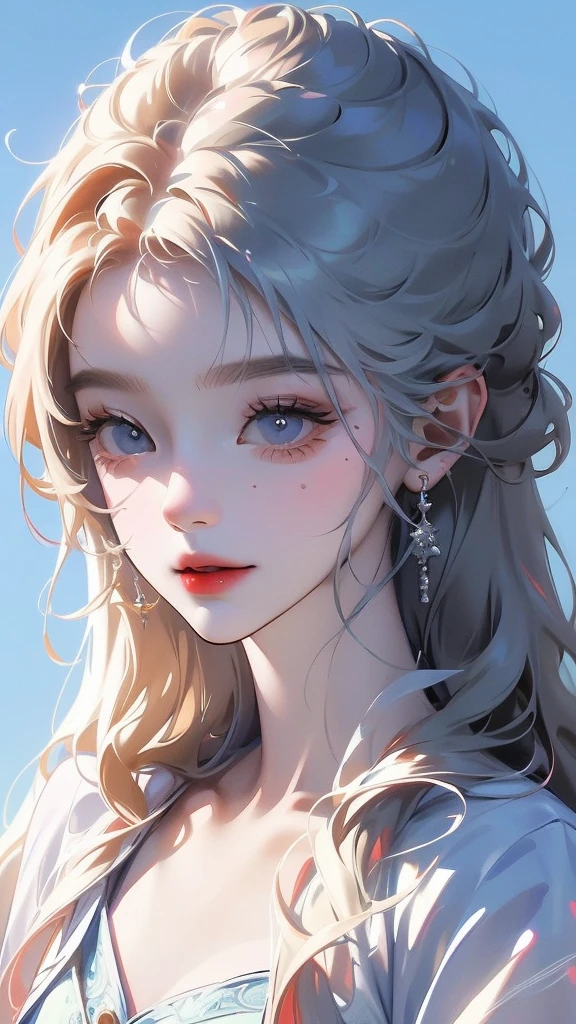((Highest quality)), ((masterpiece)), (detailed), 1 personの女の子, The background is nature、The weather was sunny.、Silver hair straight long hair、Half Up、Parallel thin eyebrows、Double droopy eyes、Thin lips、Small nose、Blue Eyes、Long eyelashes、Delicate appearance、Illustration seen from the front、White dress、Fantastic illustrations、Highlights are 7 colors、The light is on my face、Illustration of eyes matching the viewer、Elf、1 person、I am worry about it