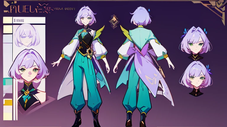 (Masterpiece, best quality), detailed, 1 woman, ((character concept art)), ((character design sheet, same character, front, side, back)), full body, body complete, 1 female, 1 women. Detailed face, character design sheet full body, Highly detailed, character sheet, character design, Many parts, pale skin, green eyes, short purple hair, male hairstyle, lavender flower reference, lavender flower character reference, lavender flower inspired, male clothes, flat chest, Solarpunk, Solarpunk reference, Solarpunk inspired outfit, Solarpunk aesthetic, pants.