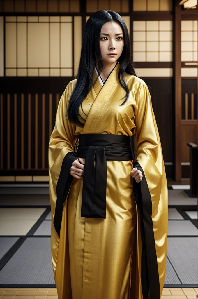 demon slayer screenshot of a woman with white skin, yellow eyes, long black hair with golden details. Landscape of traditional Japan house wearing a black and gold kimono. Screenshot season 2 from Ufotable Studios.