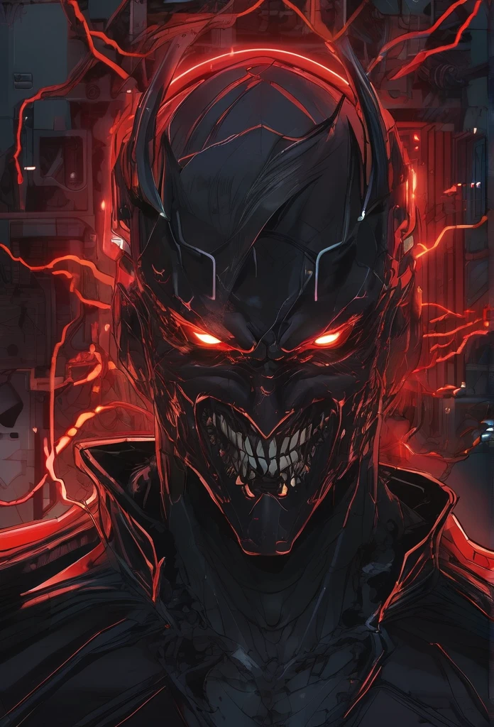 anime man with a dark and brooding demeanor, with glowing red eyes and a malicious grin,  into a powerful computer  with visible electric currents flowing through his body, while ominous shadows surround him, (sinister:1.2), (dark and moody lighting), (ominous atmosphere), (contrast between light and darkness), horror