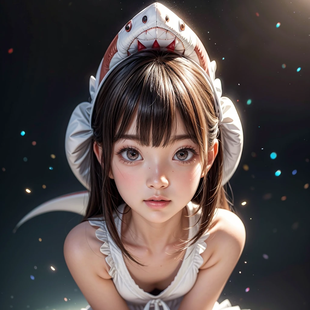 ((stuffed Shark head cap)), 8k, High-level, absurd, masterpiece, best quality, primitive, very detailed CG, very detailed wallpaper, perfect lighting, Extremely detailed ((( personifying " Sark Girl " as a Little Girl))), MysticSight, Tyndall effect, Tyndall scattering, (Studio gray background with (Overflowing oodles Dazzling RainbowColorParticles (BokeH))), (RoundlyButts, ThighGap), (Exposed:0.4), (Assfocus with looking ahead) BREAK (Acutance:0.88), (NOGIZAKA face variations) Extremely Detailed very KAWAII face variations, perfect anatomy, Childish, CaptivatingGaze ElaboratePupils detailed Eyes with (sparkling highlights:1.28), (Voluminous LongEyelashes:0.88)、GlossyRED Lips with beautiful details, RosyCheeks, Radiant PearlSkin with Transparency . { (Dynamic LifeLike expressions:1.4) | (:d) }, (large eyes:-1) .