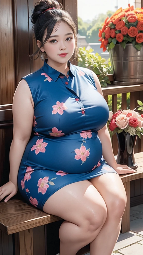 ((The scene is,A full body))1 girl, Obese body, generous dimensions, face round, double chin, Overweight,Short hair tied up ,Sleeveless blue and red floral shirt,Highlight the breasts,Put her weight on her stomach,looks into camera,Country garden background,ssmile,