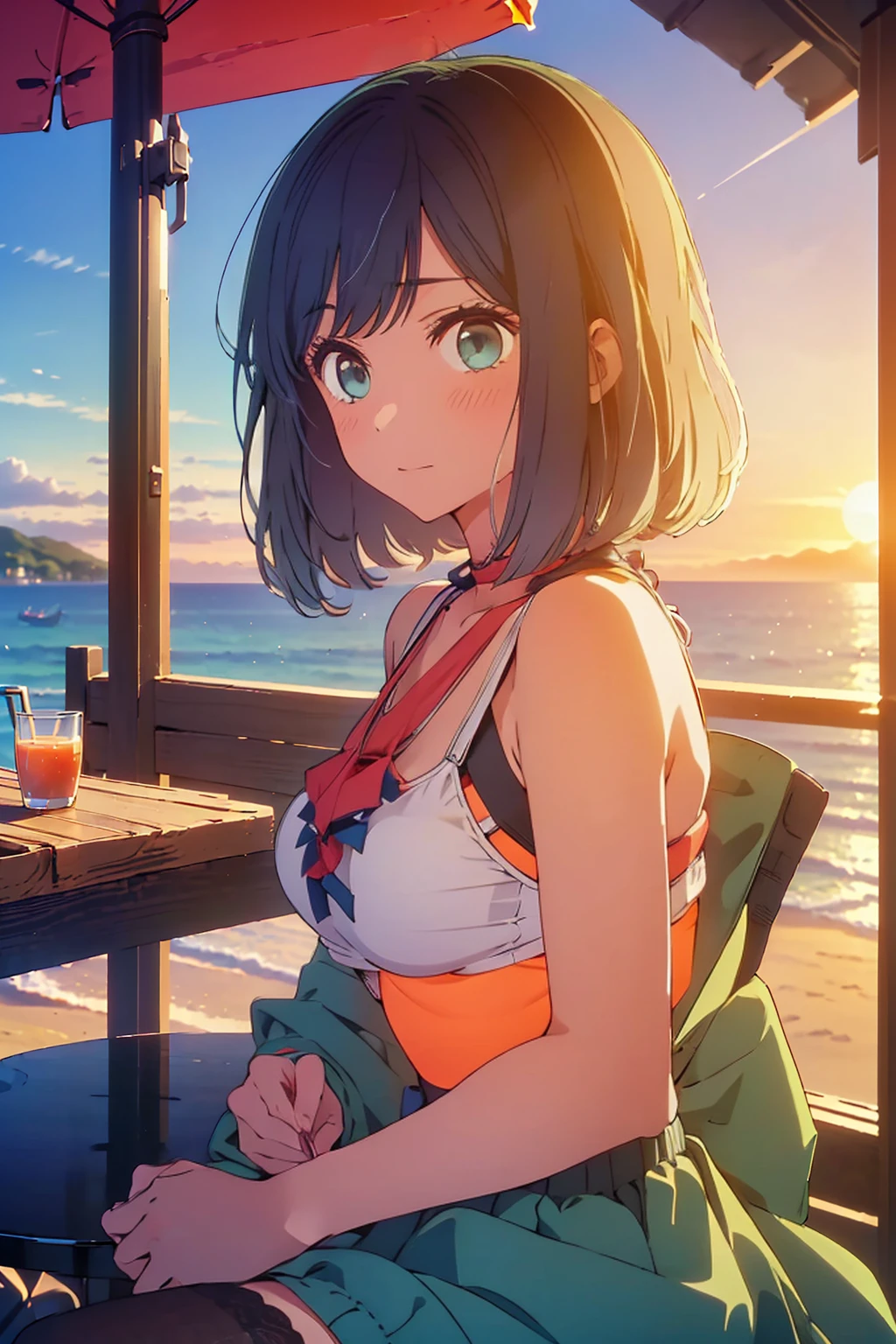 (Highest quality:1.4、masterpiece:1.4、Super detailed:1.4、8K:1.4)、((((1 person、Surprised expression、sit、Outdoor café terrace、coastal、juice、table、Sandy Beach、bikini、juiceのグラスを持つ、Big eyes、Shallow depth of field、Very cute face))))、(((bikiniサイズは小さい)))、(((sunset、Sunset)))、F cup bust、Big Breasts