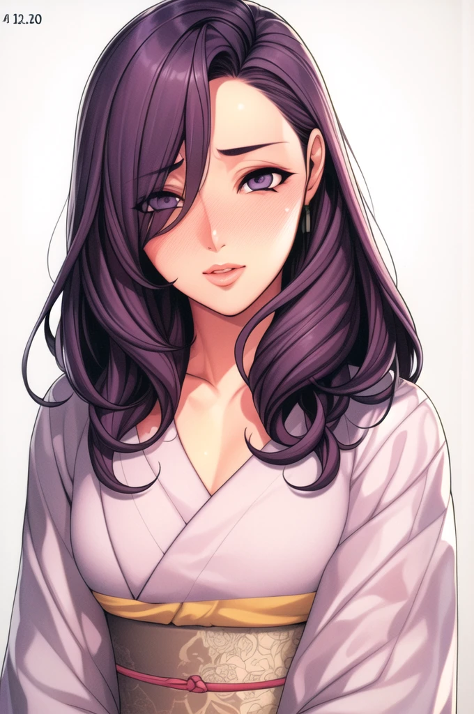 Simple white Background,
Dynamic pose,Upright immobile posture,
white_kimono,length sleeves, Wide sleeves, 
purple_hair, length_hair, hair_Pulled_return,Broke up_lips,purple_eye, single_Braiding,
1 Girl, 20-year-old,young woman,beautiful length legs,beautiful body,
beautiful Nose,beautiful character design, perfect eye, perfect face,expressive eye,Perfect balance,
View your viewers,(Focus on her face),Mouth closed, (Innocent_big_eye:1.0),(Light_笑face:0.3),
Official Art,非常に詳細な CG ユニティ 8K 壁紙, Perfect lighting,colorful, bright_front_face_Lighting,white skin,
(masterpiece:1.0),(Highest_quality:1.0), 超High resolution,4K,Super detailed,
photograph, 8K, High resolution, High resolution, Absurd:1.2, 400 for Kodak Port, Film Grain, blurry returnground, Bokeh:1.2, Lens flare, (Vibrant_color:1.2),プロのphotograph,
(beautiful,big_chest:1.4), (beautiful_face:1.5),(narrow_Waist),