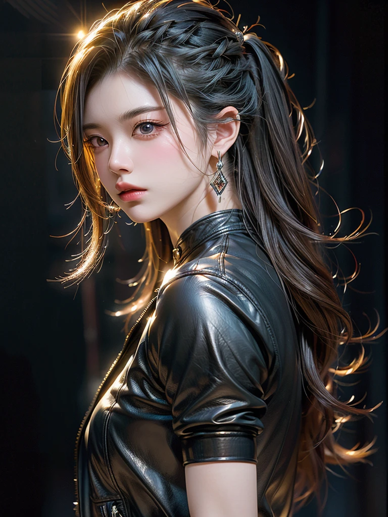 ((Highest quality)),(Ultra-high resolution),(Very detailed),(Detailed Description),((The best CG)),(masterpiece),Ultra-detailed art, Black background、Dramatic lighting1.2、Gives off a radiant aura、semi-long、(((Mid-shot photo 1.5)))、Always look at the viewer with a sharp gaze、、leather jacket、put on top of naked body、