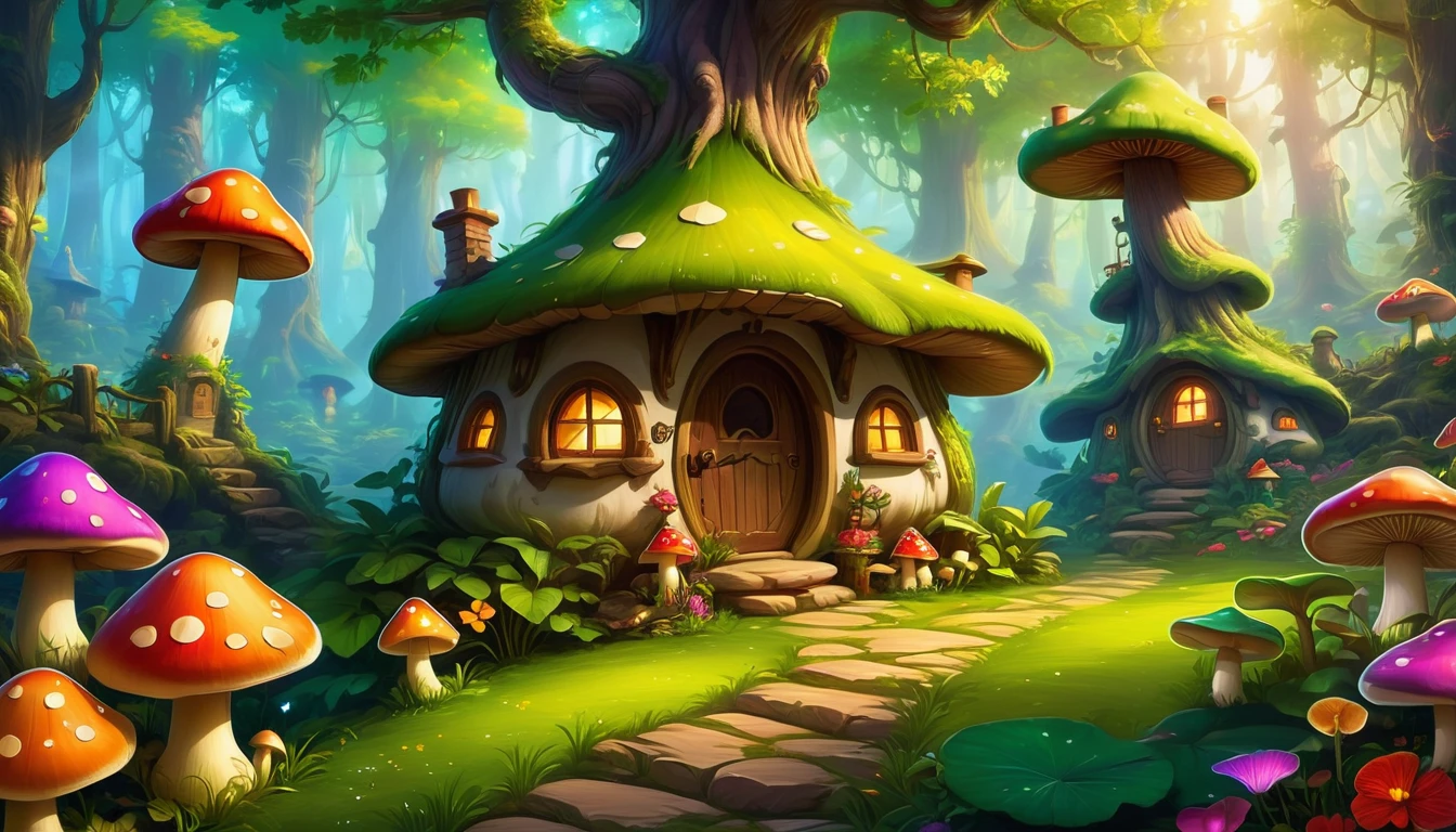 (Mysterious fantasy forest, dense trees, a cute and strange little tree:1.5), A hobbit cabin vividly depicted (best quality, 8K, advanced resolution, masterpiece:1.2) with ultra-detailed realism (1.4x realism, photorealistic: 1.37). This fantasy forest, surrounded by lush greenery and colorful flowers, is bathed in warm sunlight, creating a cheerful and whimsical atmosphere. The cabin, resembling a mushroom-shaped house, features intricate design and unique architecture. The artwork showcases an illustrative style inspired by children's book illustrations, with a vibrant rainbow color palette evoking joy and playfulness. Soft, warm lighting adds depth and warmth, making every detail impeccably presented. This visually stunning masterpiece captures the essence of a magical fantasy forest deep in the heart of a dense woodland.